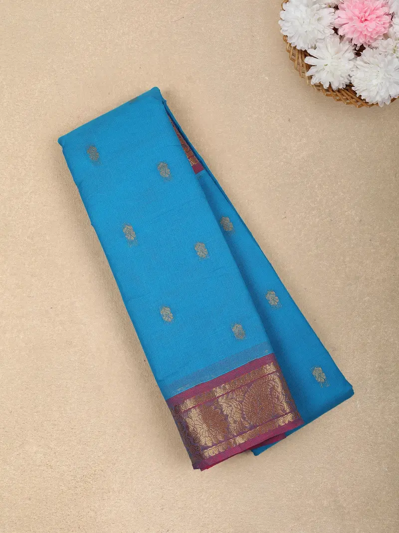 Sky Blue Butta Woven Design Cotton Saree With Contrast Border 1