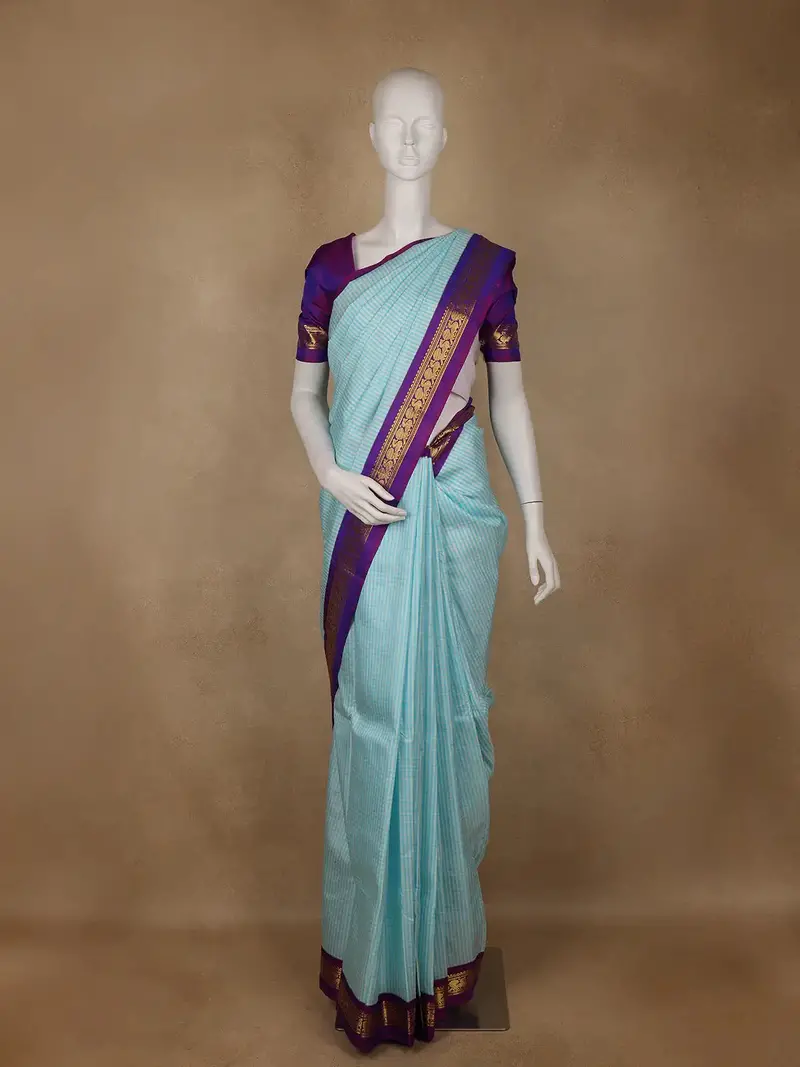 Sky Blue Checked Pure Kanchipuram Silk Saree With Purple Zari Border And Pallu 1