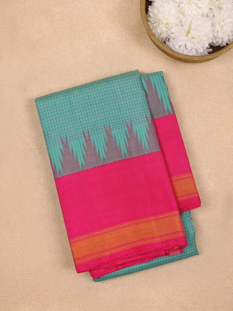 Sky Blue Checked Woven Pure Kanchipuram Silk Saree 1