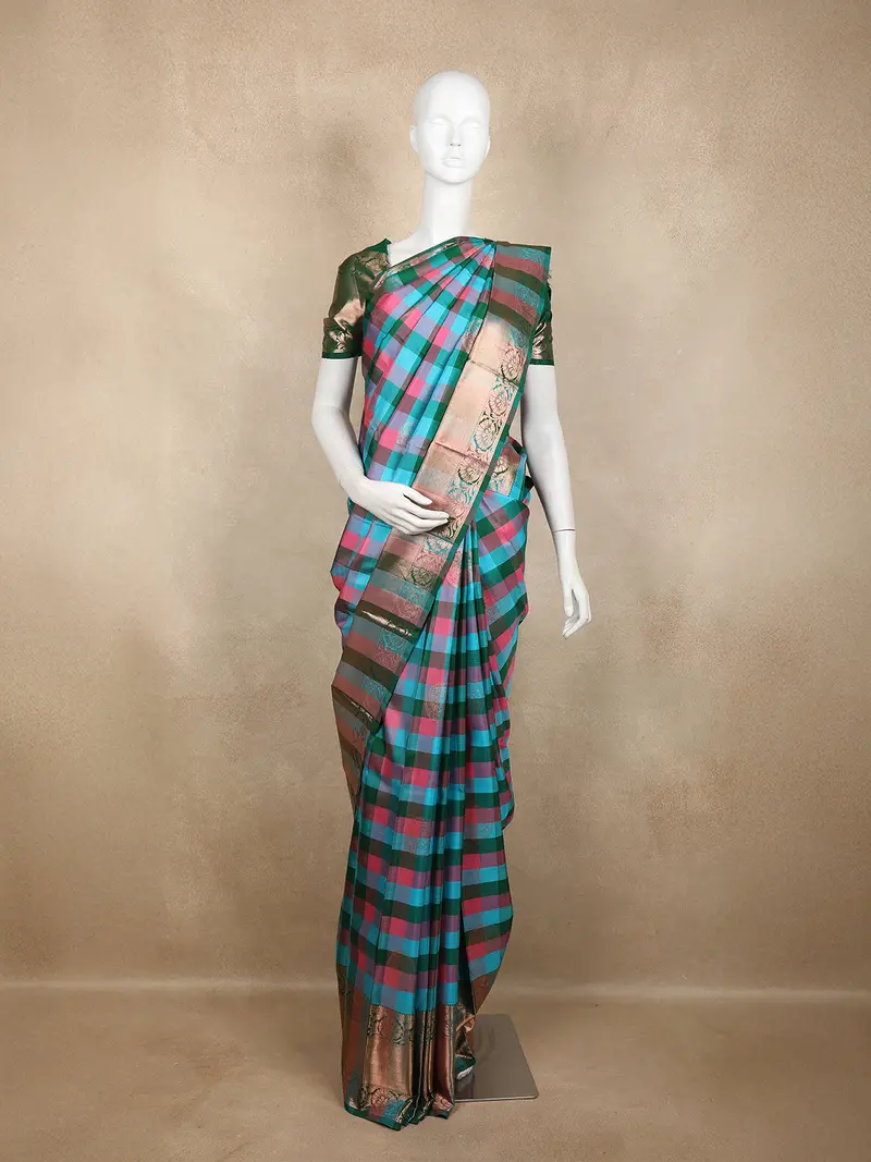 Sky Blue Checked Woven Pure Kanchipuram Silk Saree 1