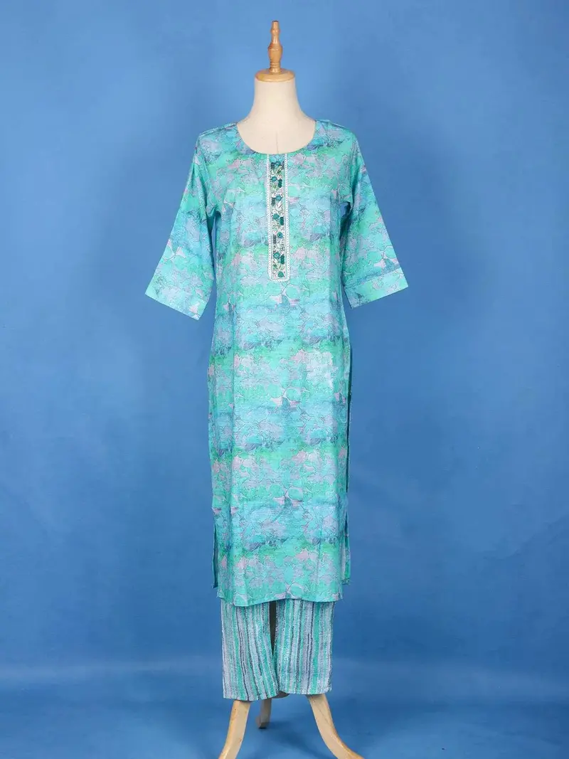 Sky Blue Cotton Printed Salwar Suit For Women 1