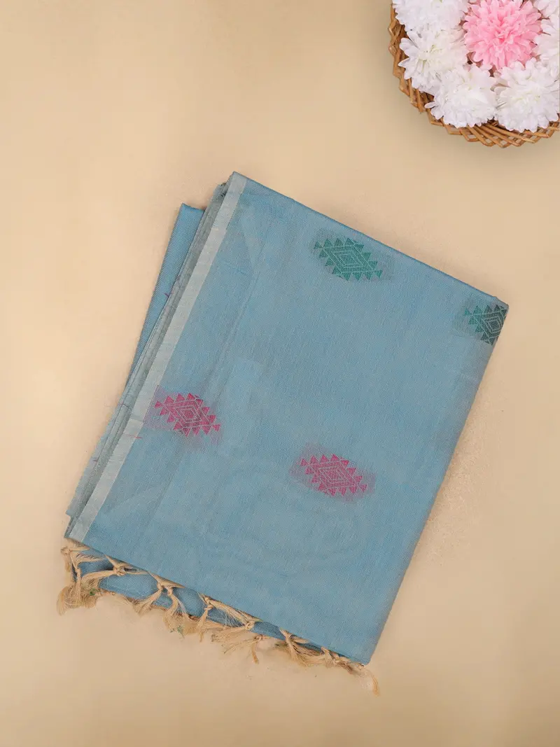 Sky Blue Diamond Butta Woven Design Cotton Saree 1