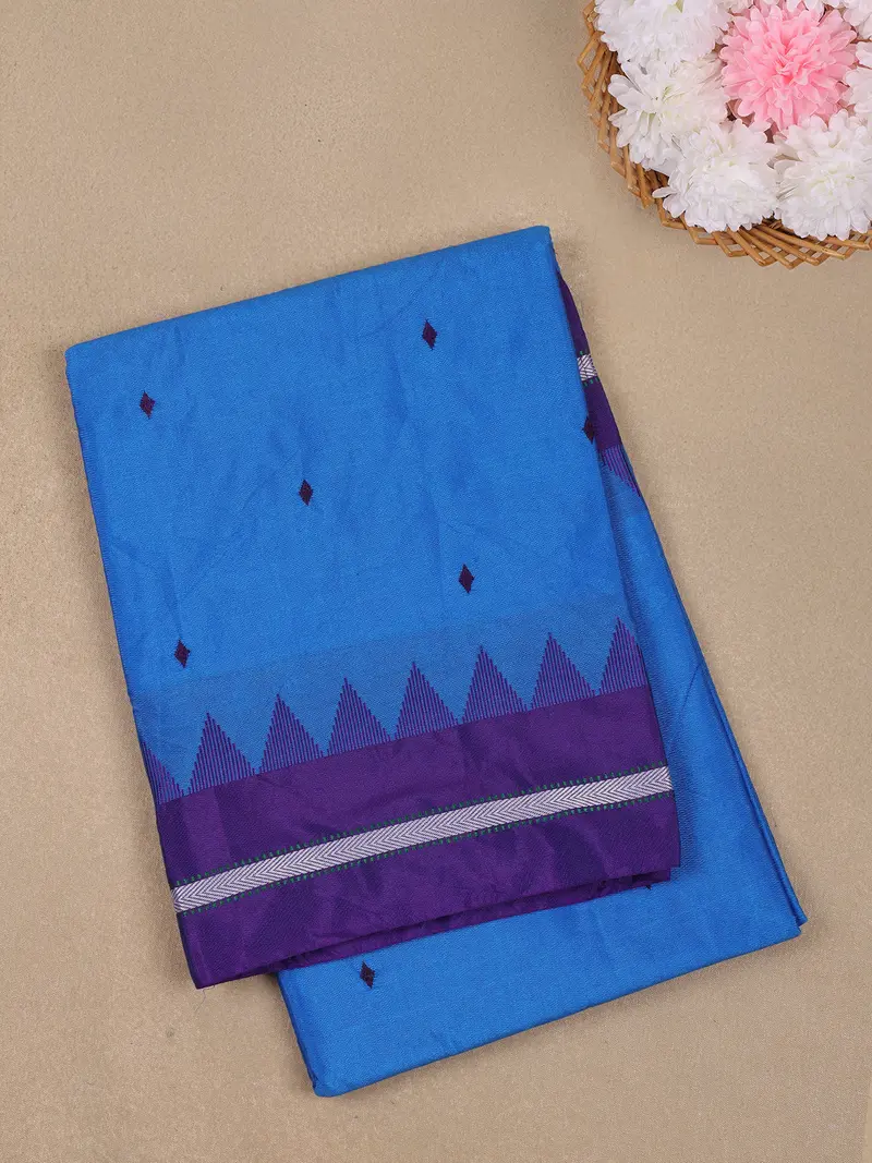 Sky Blue Diamond Motif Design Cotton Saree With Contrast Purple Temple Border 1