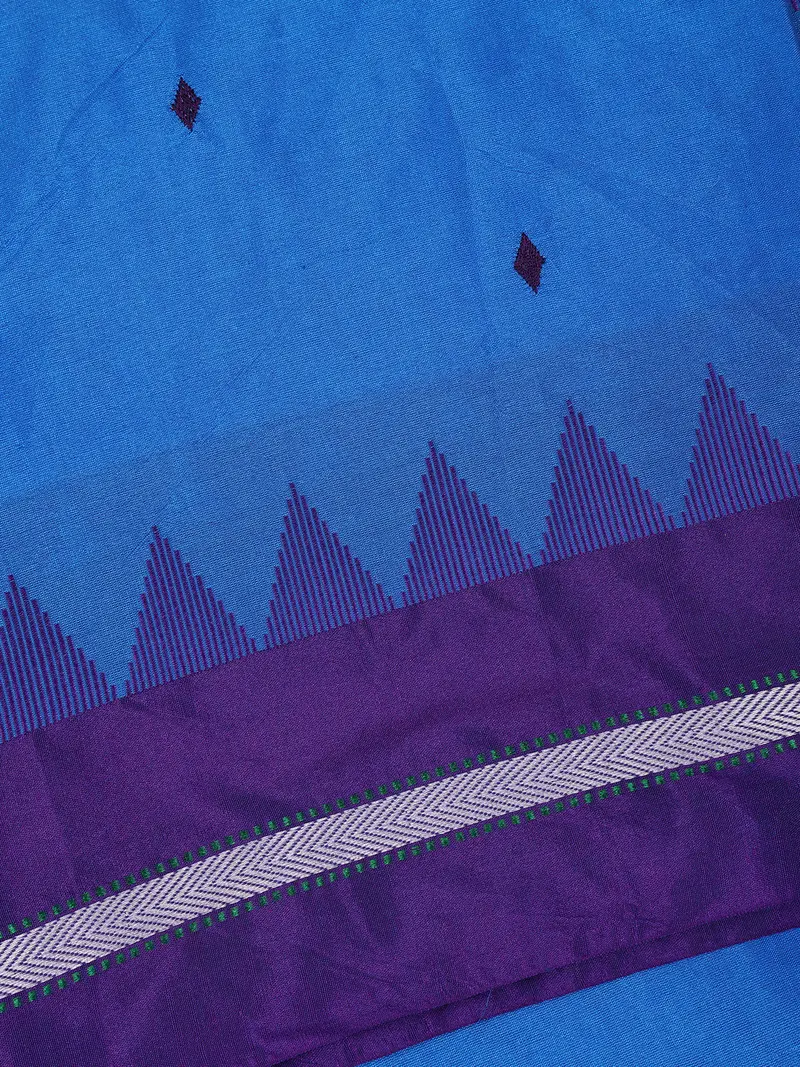 Sky Blue Diamond Motif Design Cotton Saree With Contrast Purple Temple Border 2