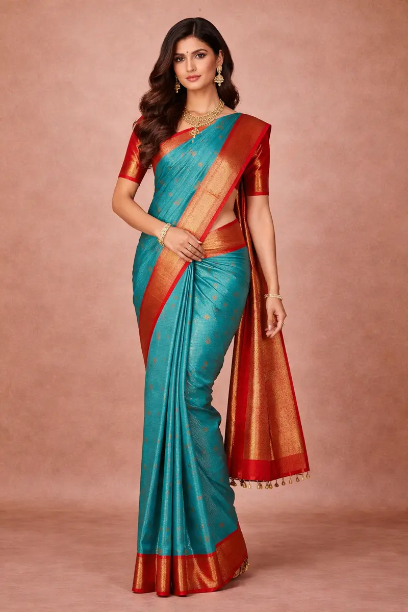 Sky Blue Floral And Checks Woven Pure Kanchipuram Silk Saree 1