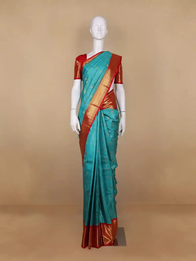 Sky Blue Floral And Checks Woven Pure Kanchipuram Silk Saree 2