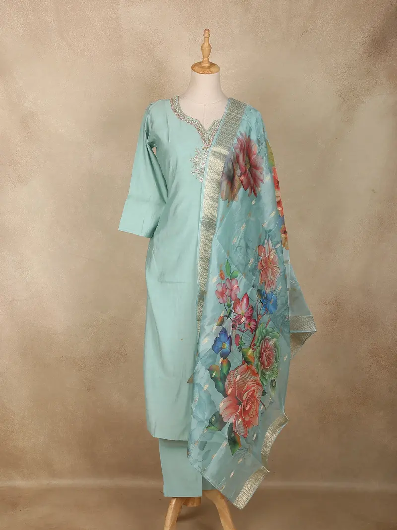 Sky Blue Floral Beads Design Cotton Straight Cut Salwar Suit 1