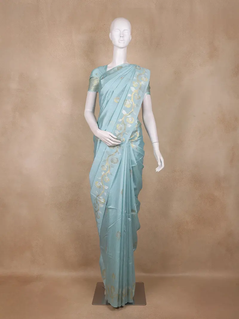 Sky Blue Floral Butta Woven Design Semi Tussar Saree 1