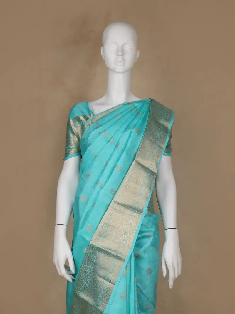 Sky Blue Floral Butta Woven Silk Saree 2
