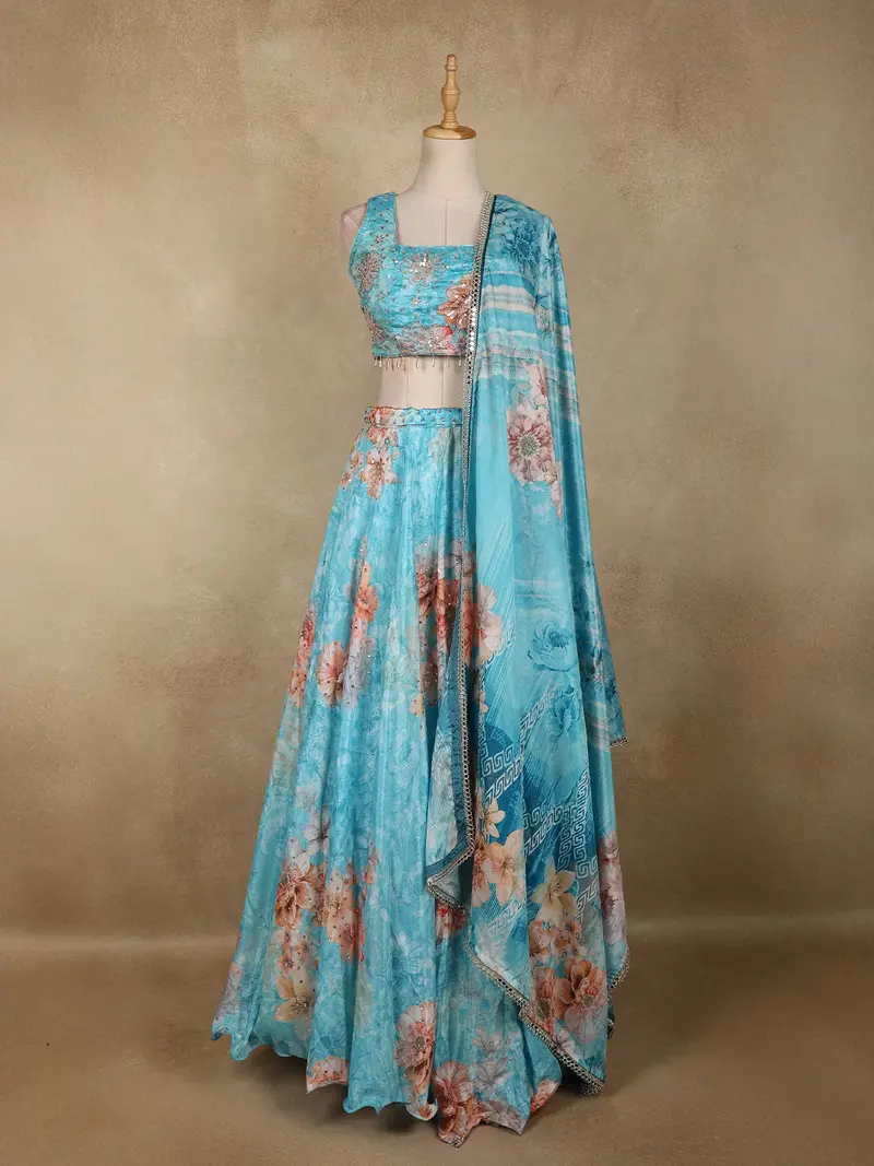 Sky Blue Floral Design Chiffon Lehenga With Dupatta 1