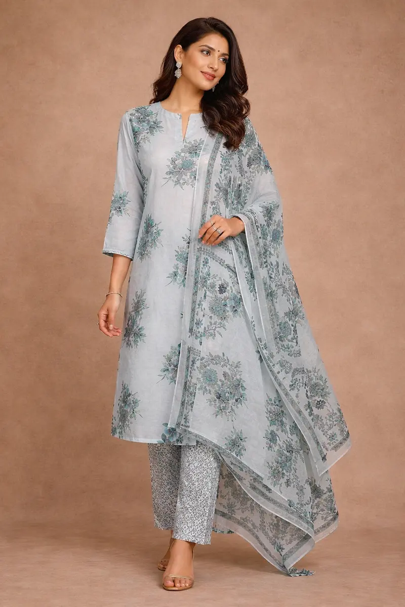 Sky Blue Floral Design Printed Cotton Salwar Suit 1