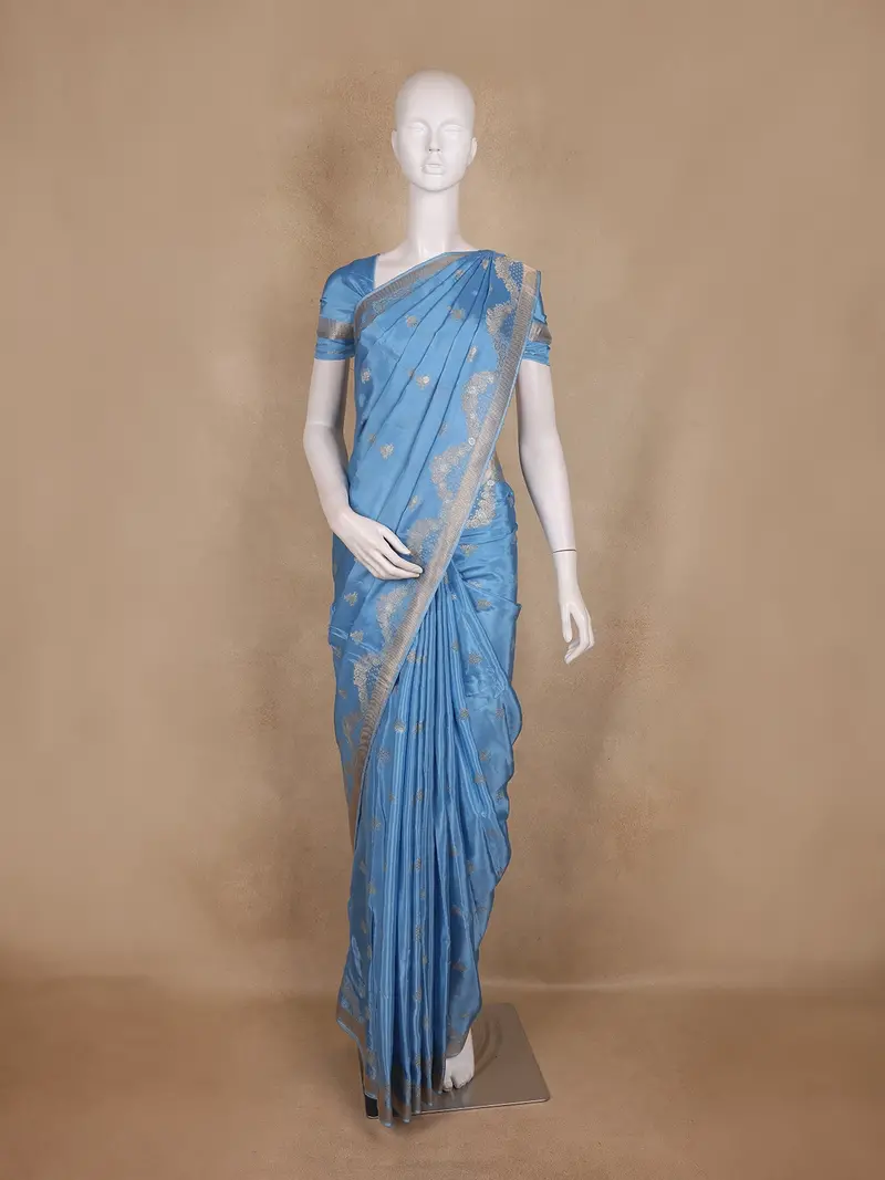 Sky Blue Floral Design Semi Banarasi Saree 1