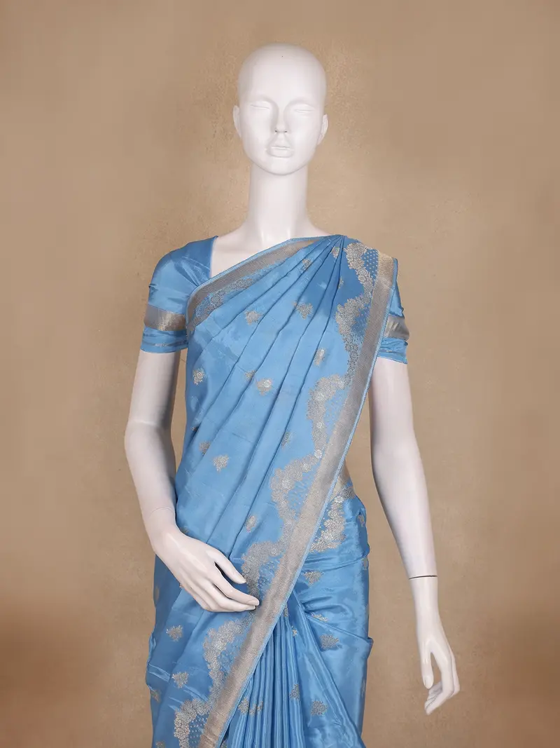 Sky Blue Floral Design Semi Banarasi Saree 2