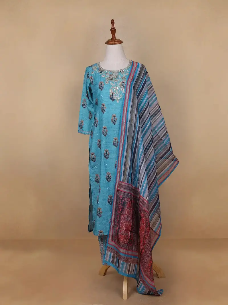 Sky Blue Floral Designed Cotton Rayon Salwar Suit 1