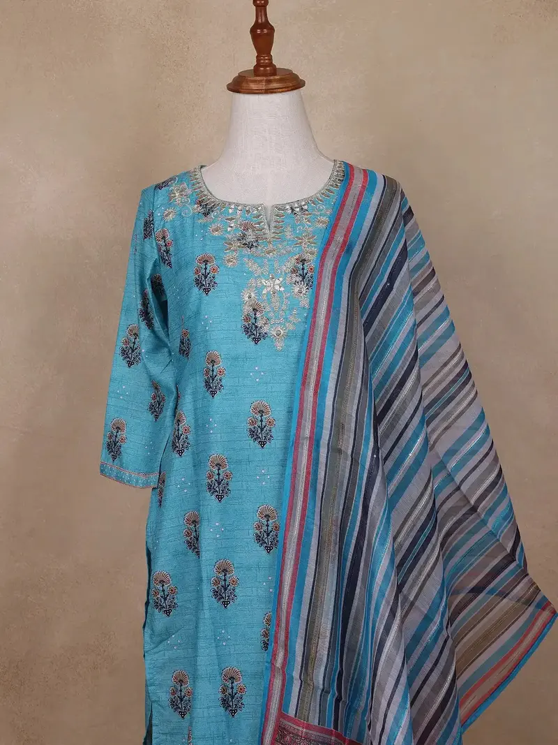 Sky Blue Floral Designed Cotton Rayon Salwar Suit 2
