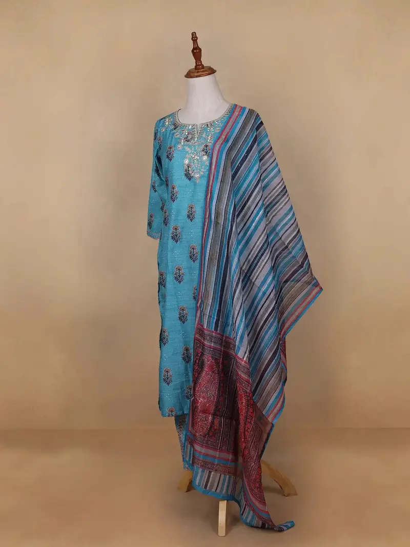 Sky Blue Floral Designed Cotton Rayon Salwar Suit 3