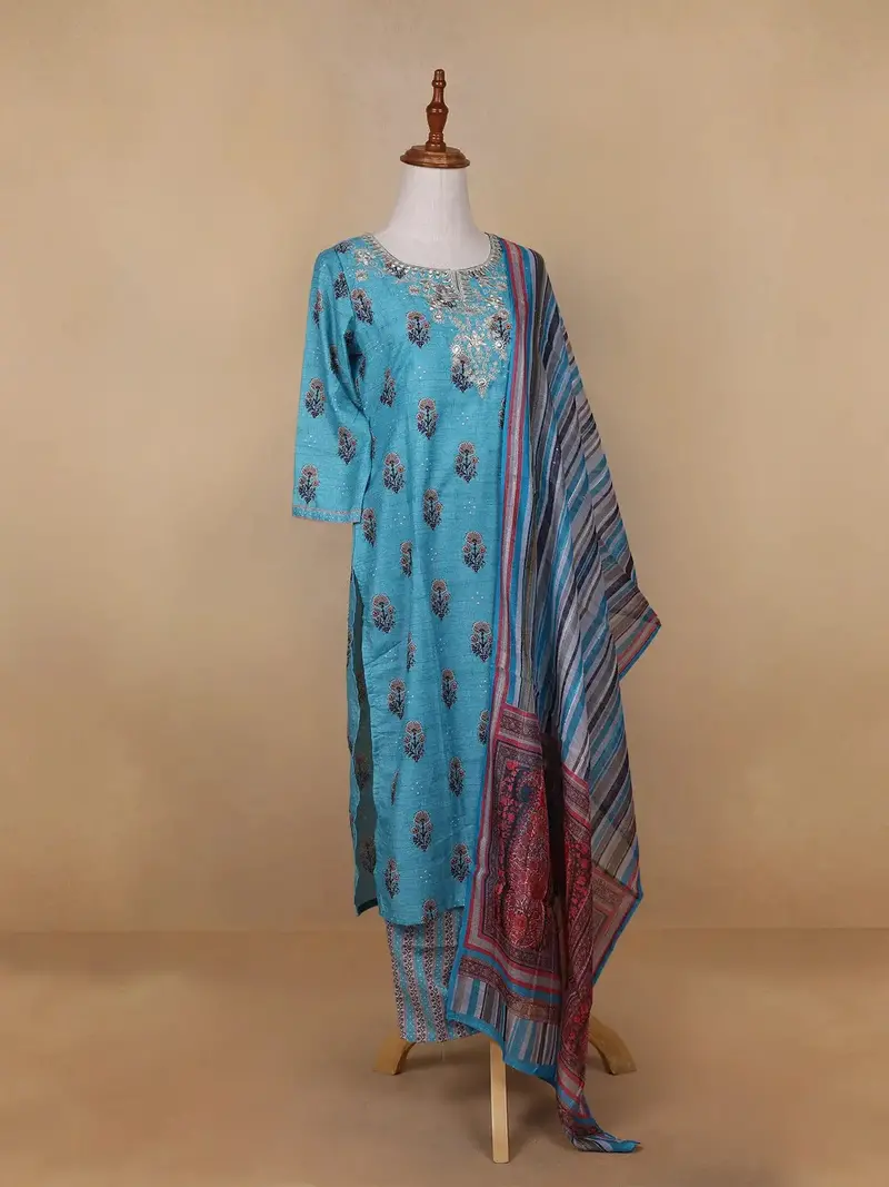 Sky Blue Floral Designed Cotton Rayon Salwar Suit 4