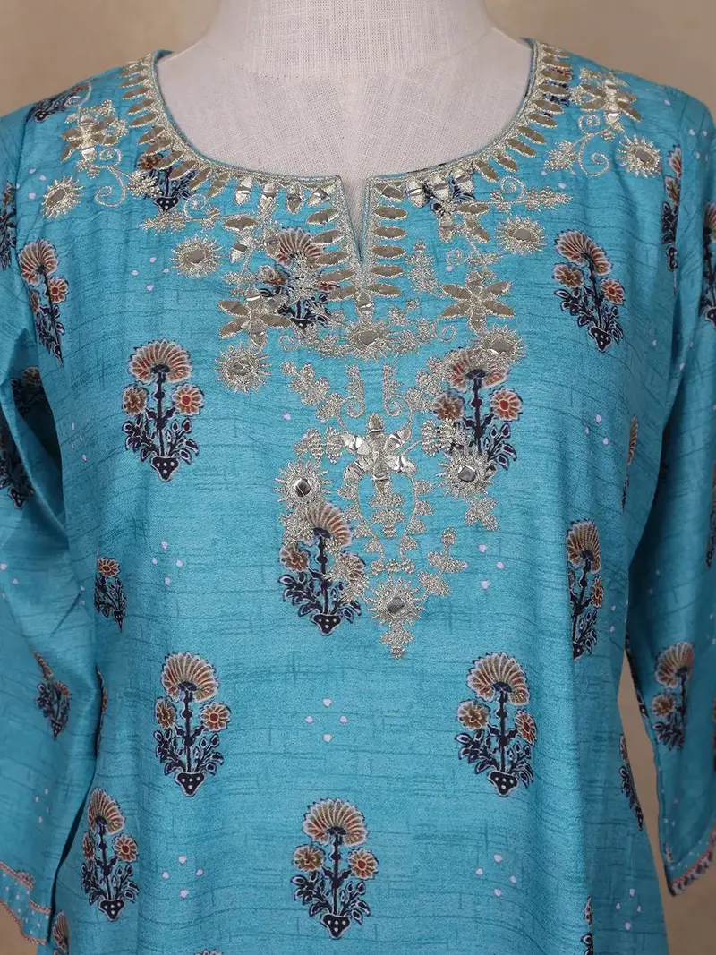 Sky Blue Floral Designed Cotton Rayon Salwar Suit 5