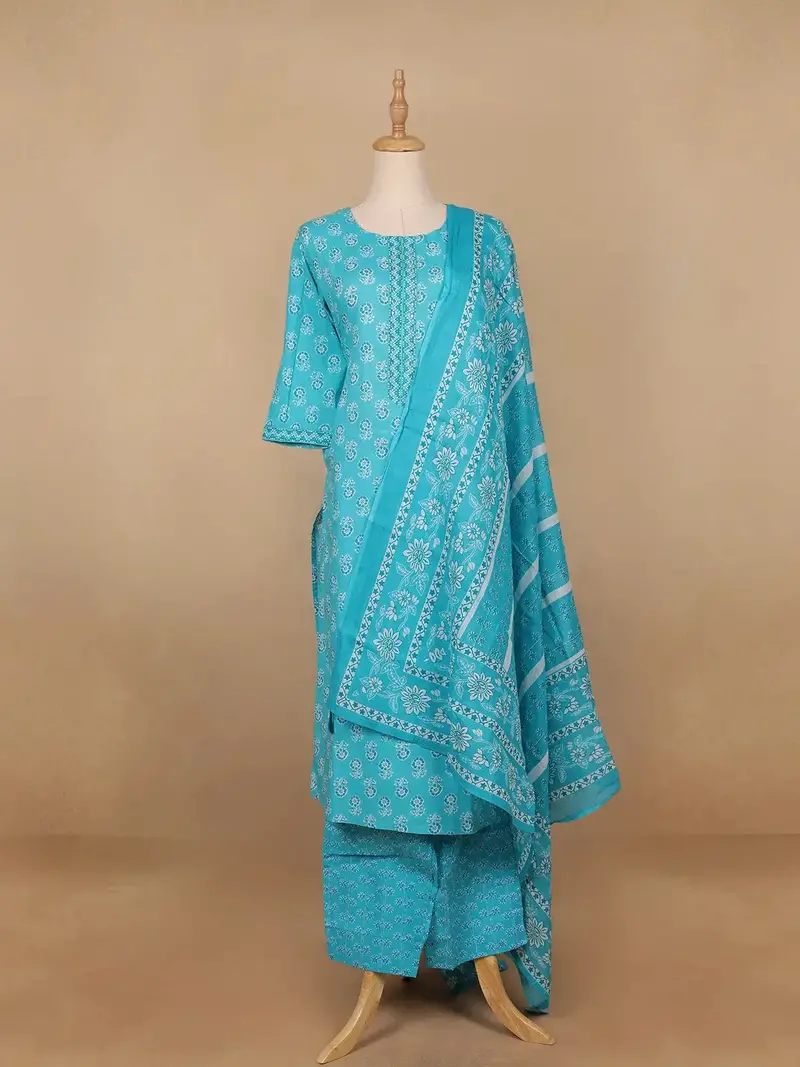 Sky Blue Floral Designed Cotton Salwar Suit 1