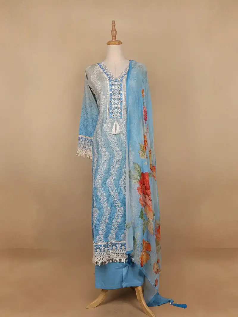 Sky Blue Floral Designed Cotton Salwar Suit 1