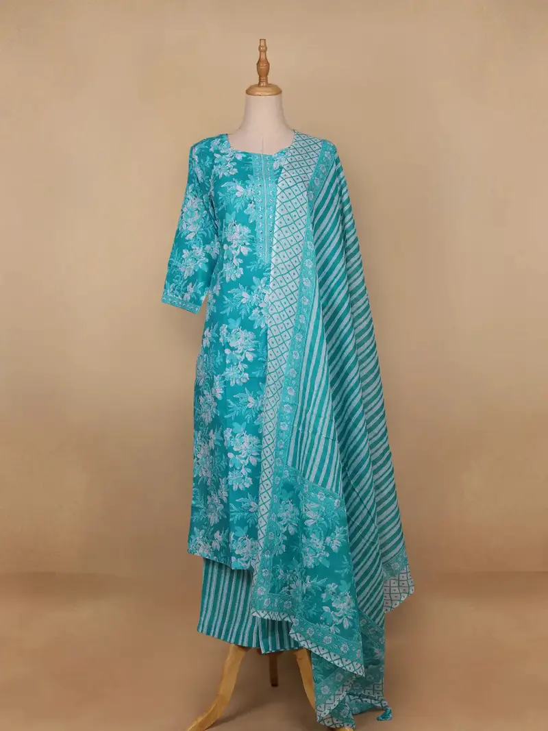 Sky Blue Floral Designed Cotton Salwar Suit 1