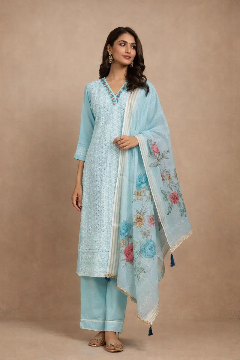 Sky Blue Floral Designed Cotton Salwar Suit 1