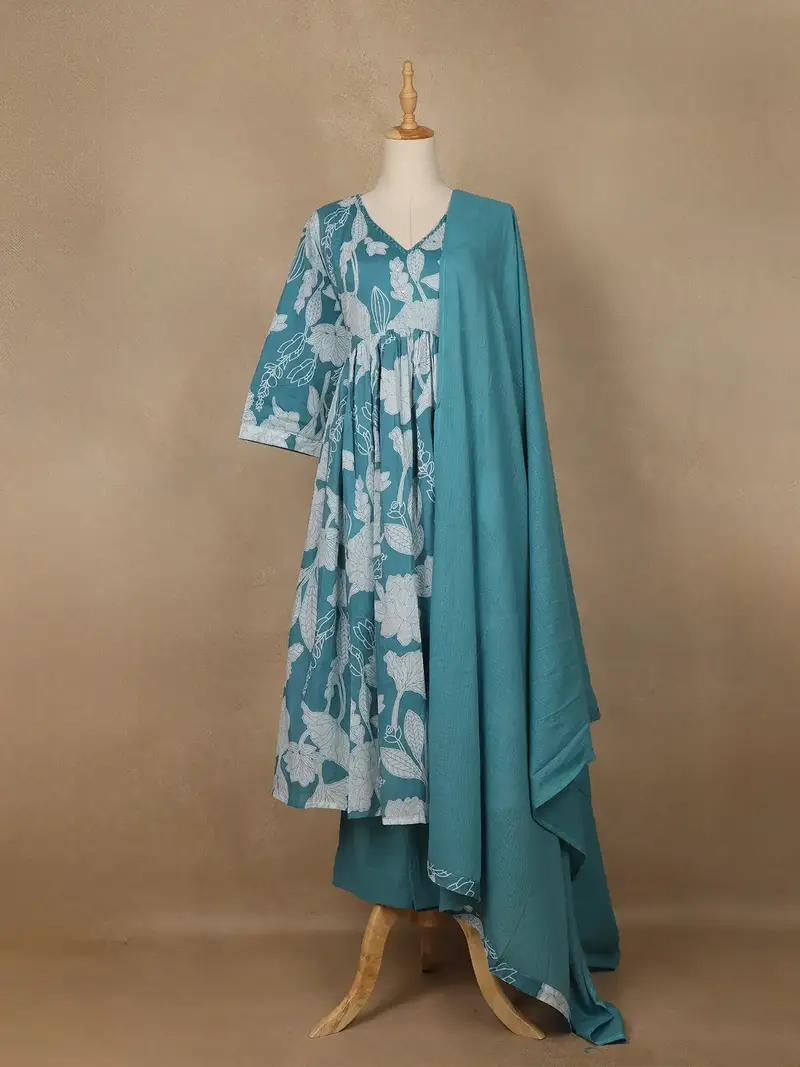 Sky Blue Floral Designed Cotton Salwar Suit 1