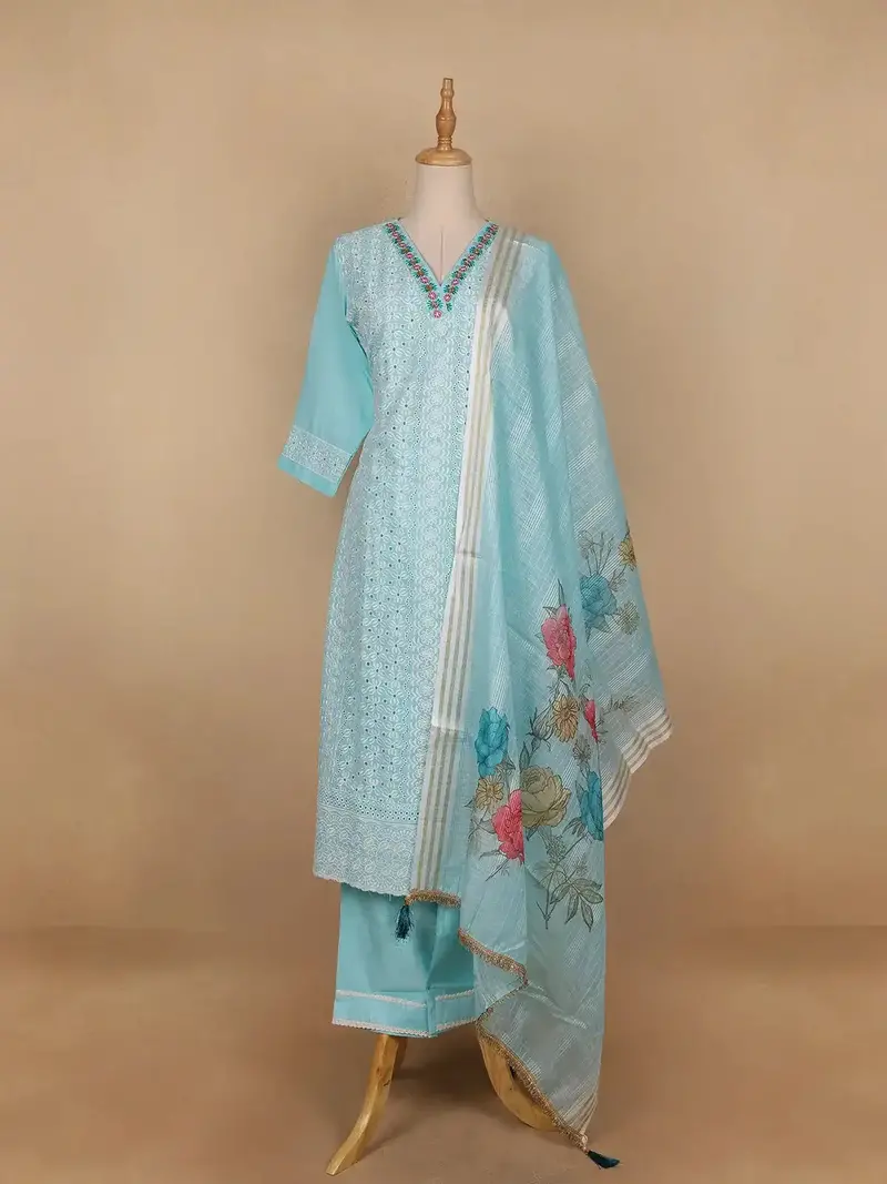 Sky Blue Floral Designed Cotton Salwar Suit 2