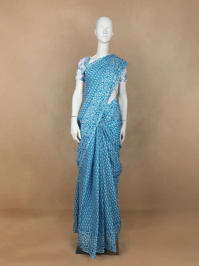 Sky Blue Floral Designed Cotton Saree 1