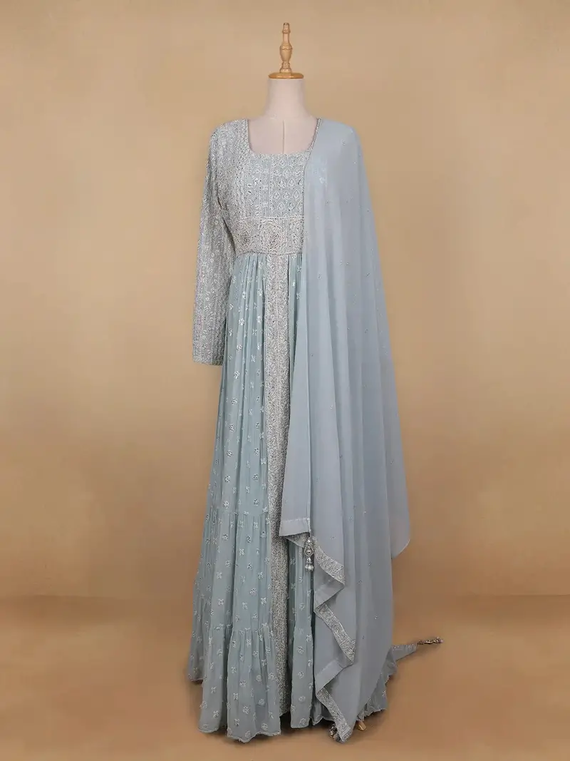 Sky Blue Floral Designed Georgette Gown 1