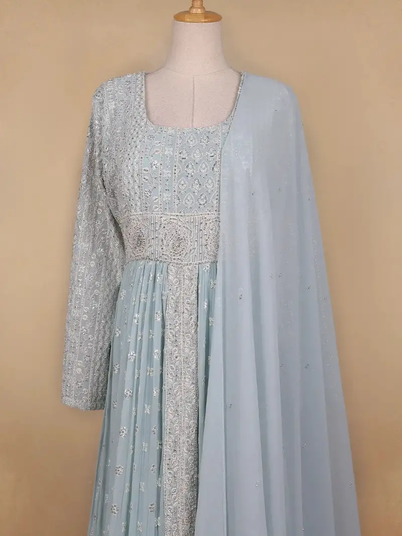 Sky Blue Floral Designed Georgette Gown 2