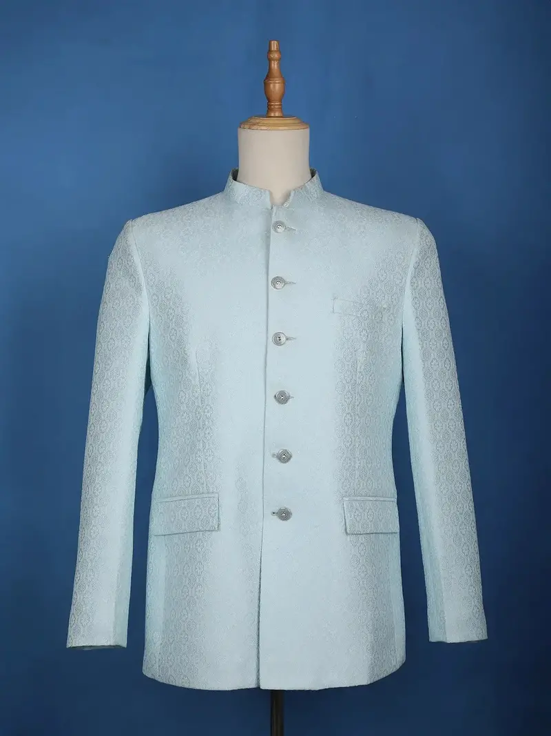 Sky Blue Floral Designed Jodhpuri Men's Suit 1