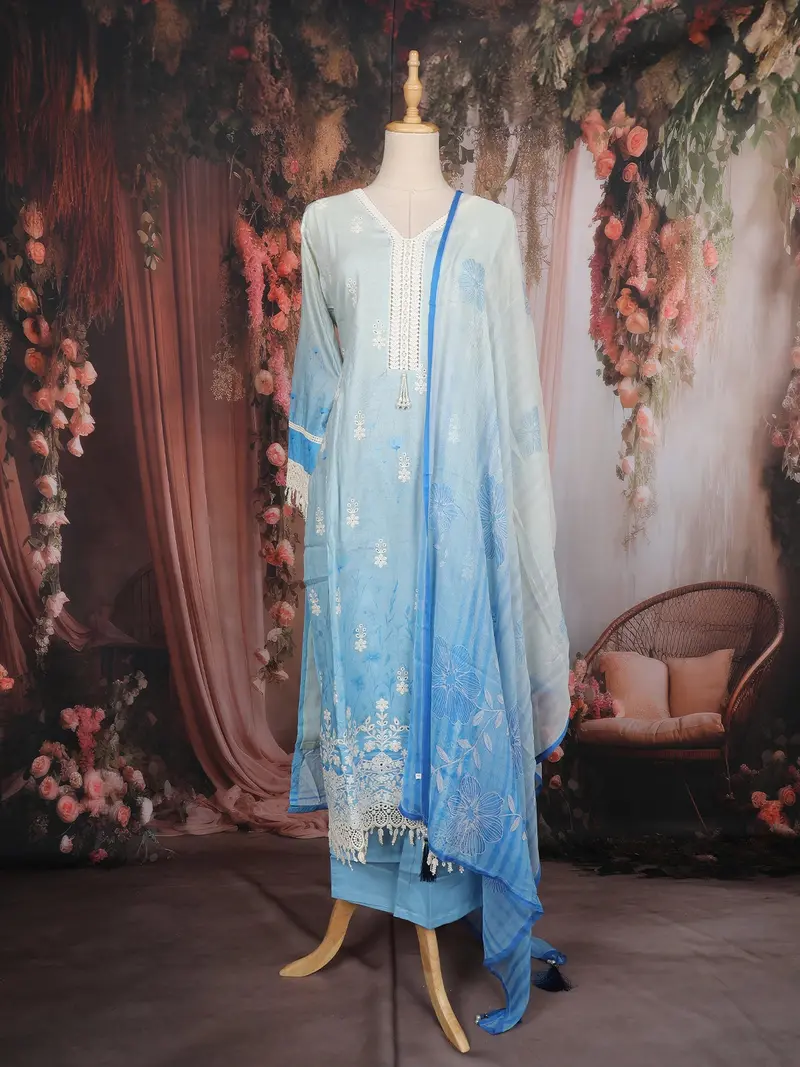 Sky Blue Floral Embroidered Cotton Salwar Suit With Dupatta 1