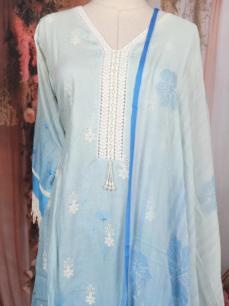 Sky Blue Floral Embroidered Cotton Salwar Suit With Dupatta 2