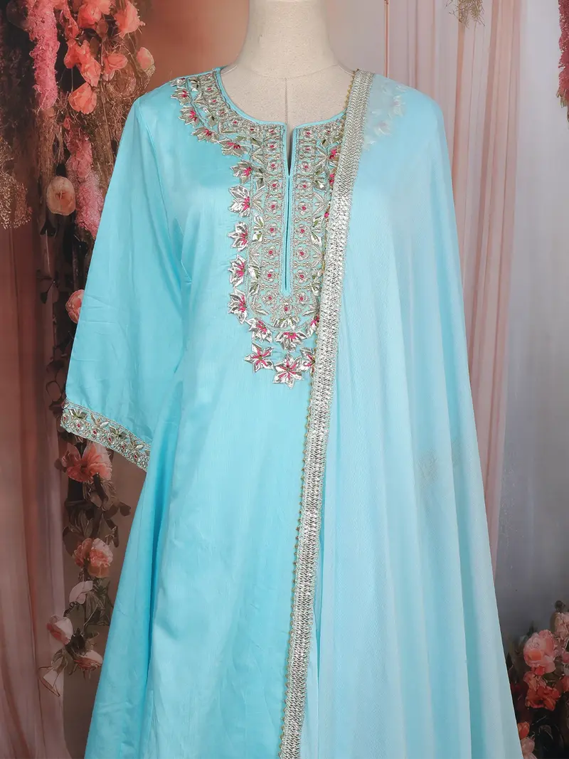 Sky Blue Floral Embroidered Cotton Salwar Suit With Dupatta 2