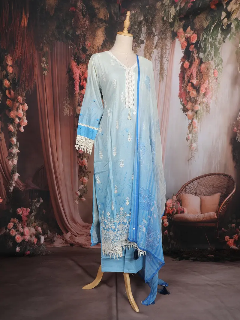 Sky Blue Floral Embroidered Cotton Salwar Suit With Dupatta 3