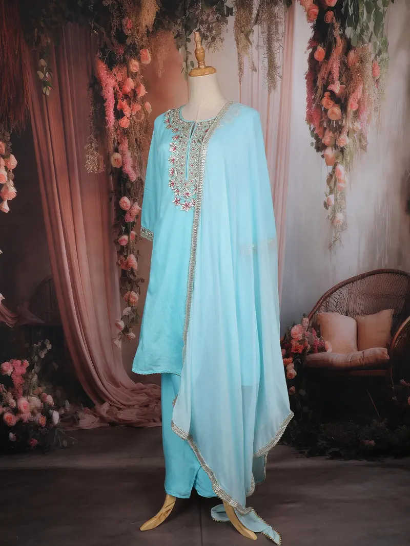 Sky Blue Floral Embroidered Cotton Salwar Suit With Dupatta 3