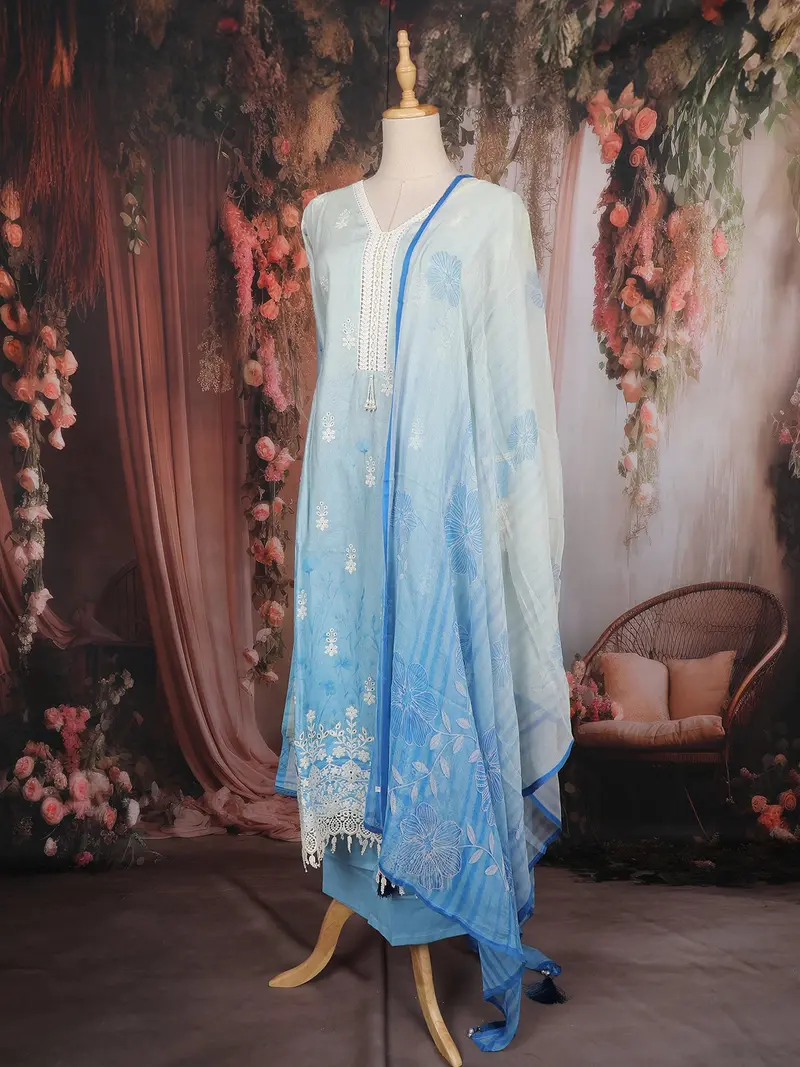 Sky Blue Floral Embroidered Cotton Salwar Suit With Dupatta 4