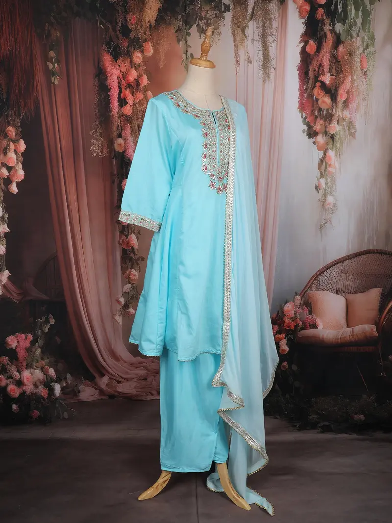 Sky Blue Floral Embroidered Cotton Salwar Suit With Dupatta 4