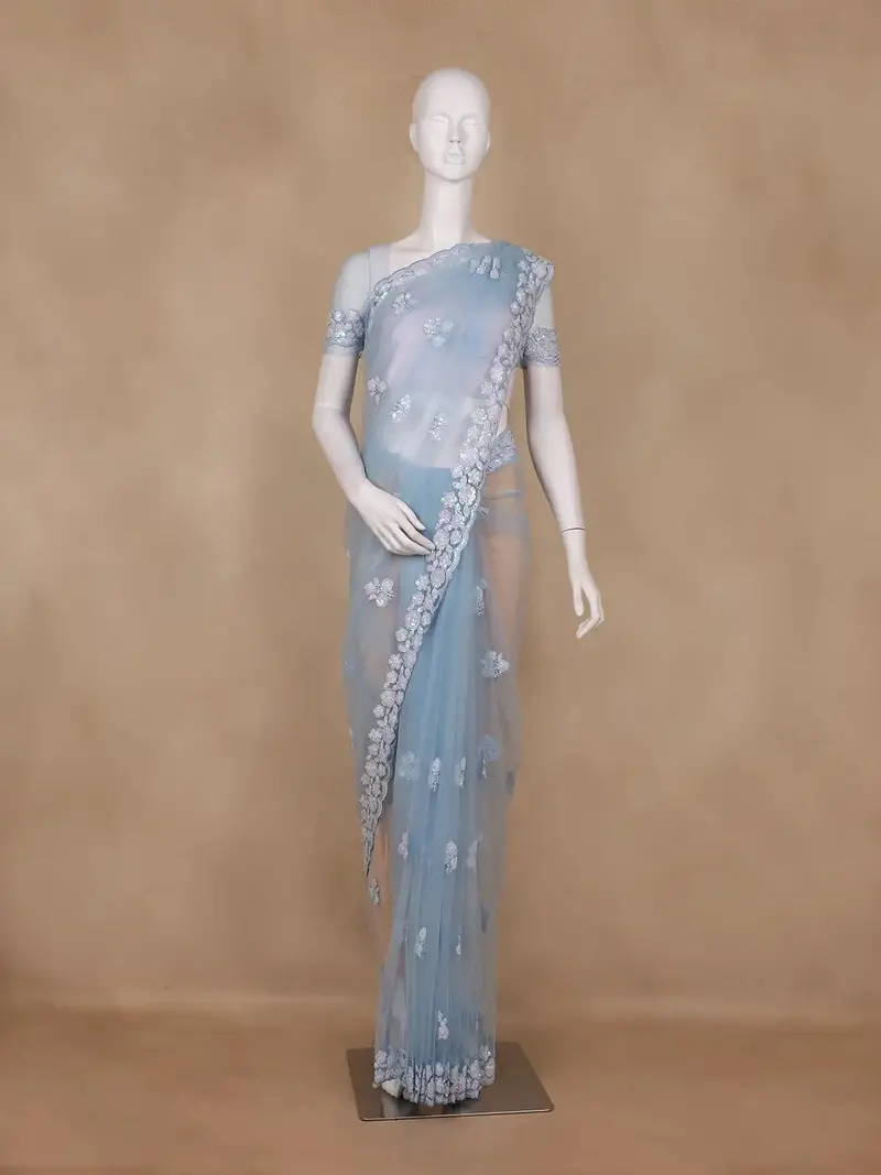Sky Blue Floral Embroidered Design Net Saree 1