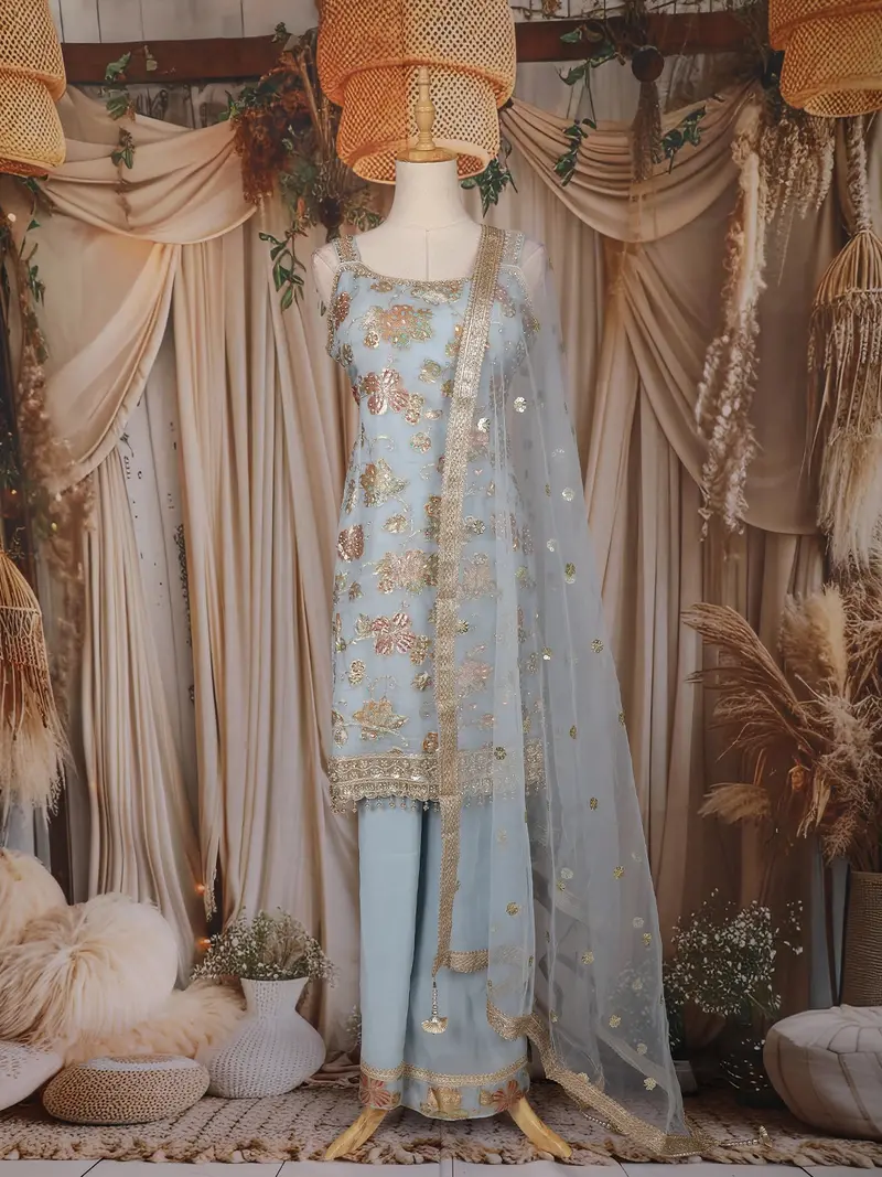 Sky Blue Floral Embroidered Design Tissue Silk Palazzo Suit With Dupatta 1