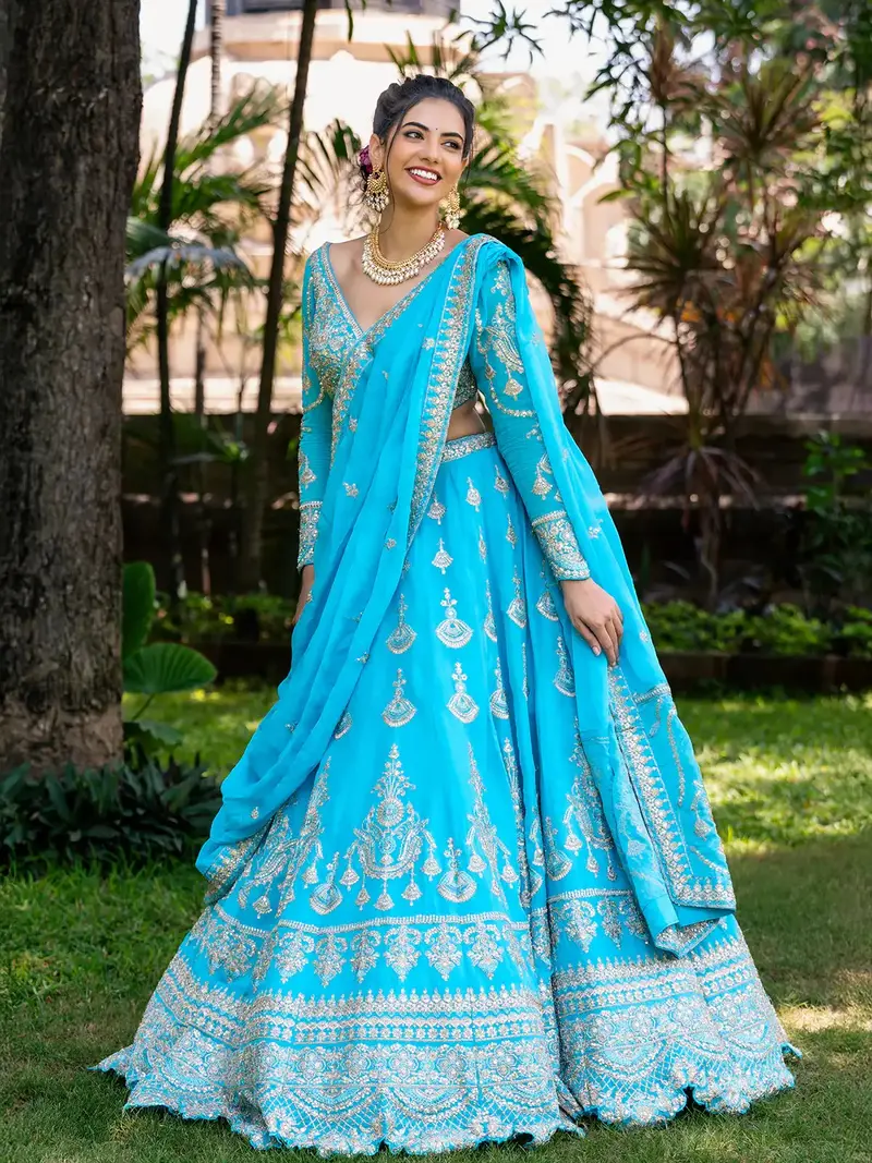 Sky Blue Floral Embroidered Georgette Lehenga For Bridesmaid 1