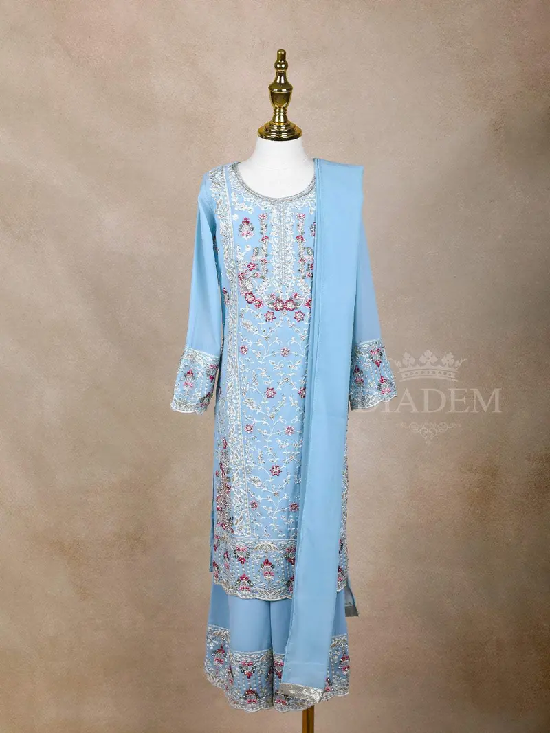 Sky Blue Floral Embroidered Palazzo Salwar Suit For Girls 1