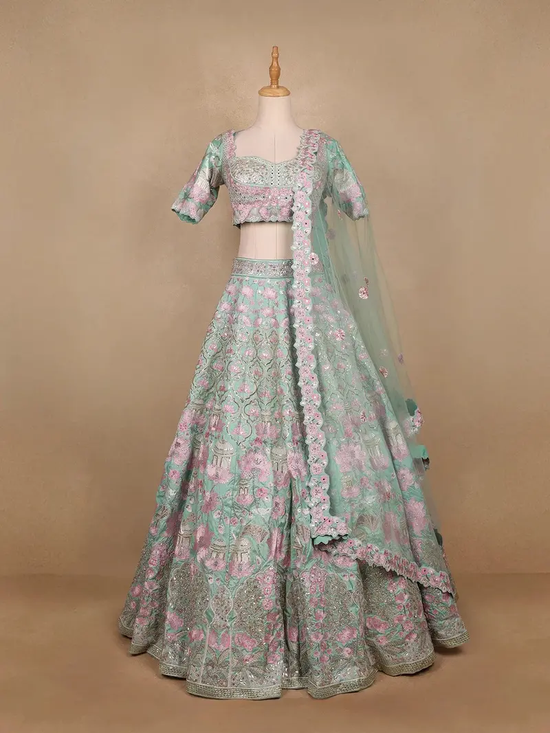 Sky Blue Floral Embroidered Raw Silk Bridesmaid Lehenga 1