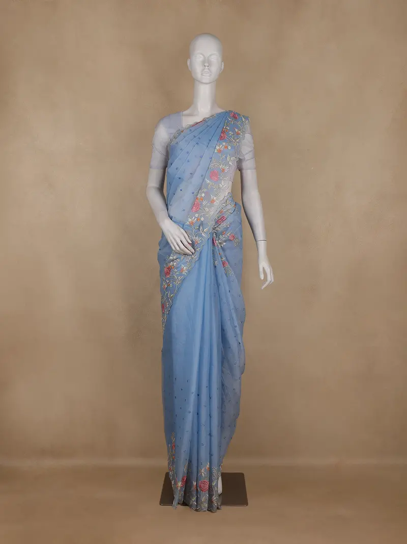 Sky Blue Floral Embroidered Semi Organza Saree 1