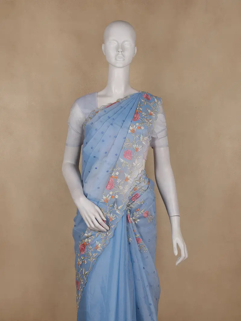 Sky Blue Floral Embroidered Semi Organza Saree 2