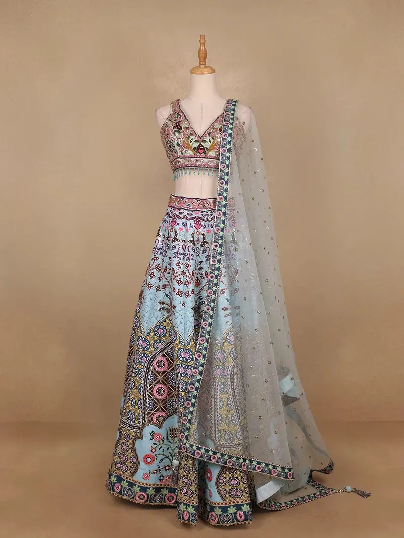 Sky Blue Floral Embroidery Semi Silk Bridesmaid Lehenga 1