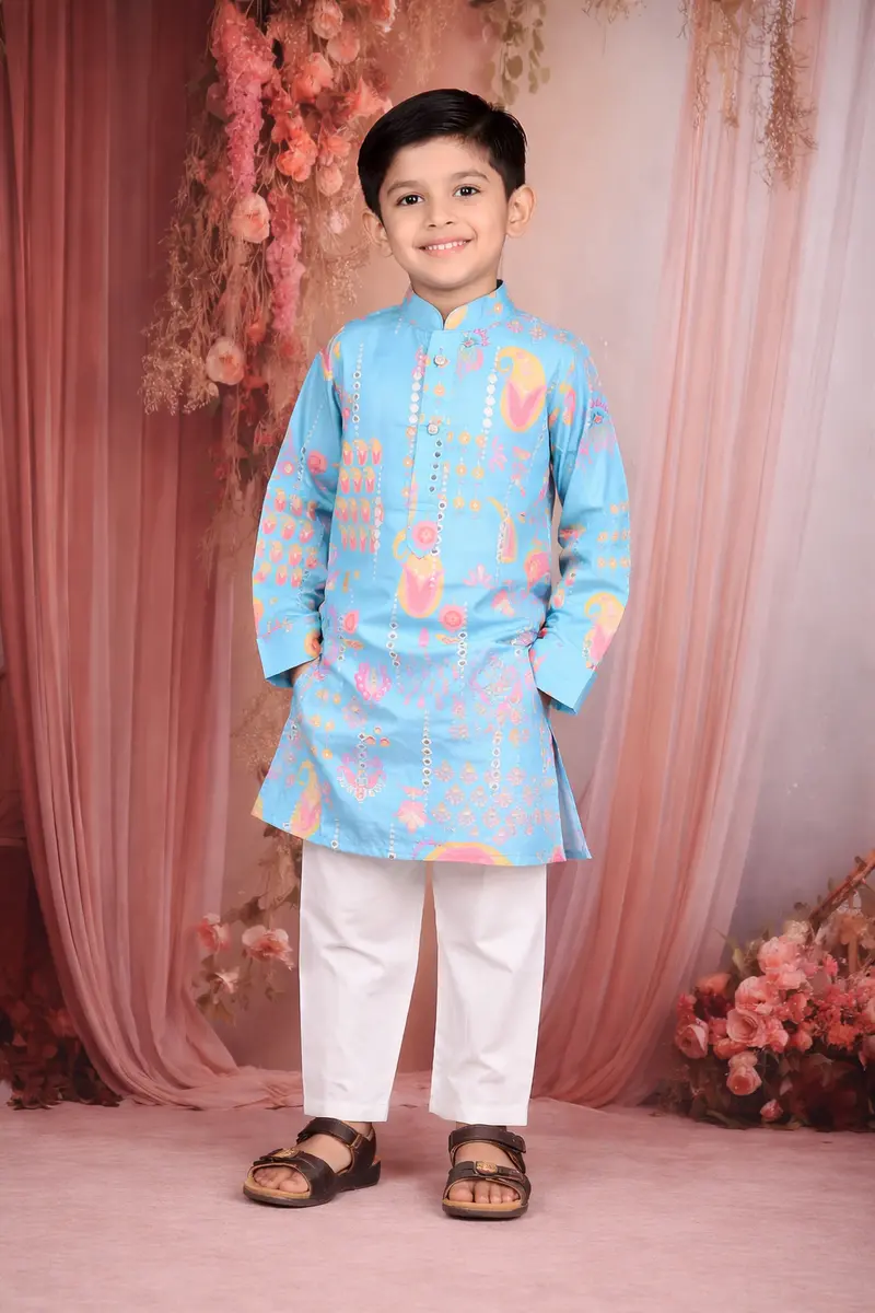 Sky Blue Floral Motif Printed Kids Cotton Kurta Set 1