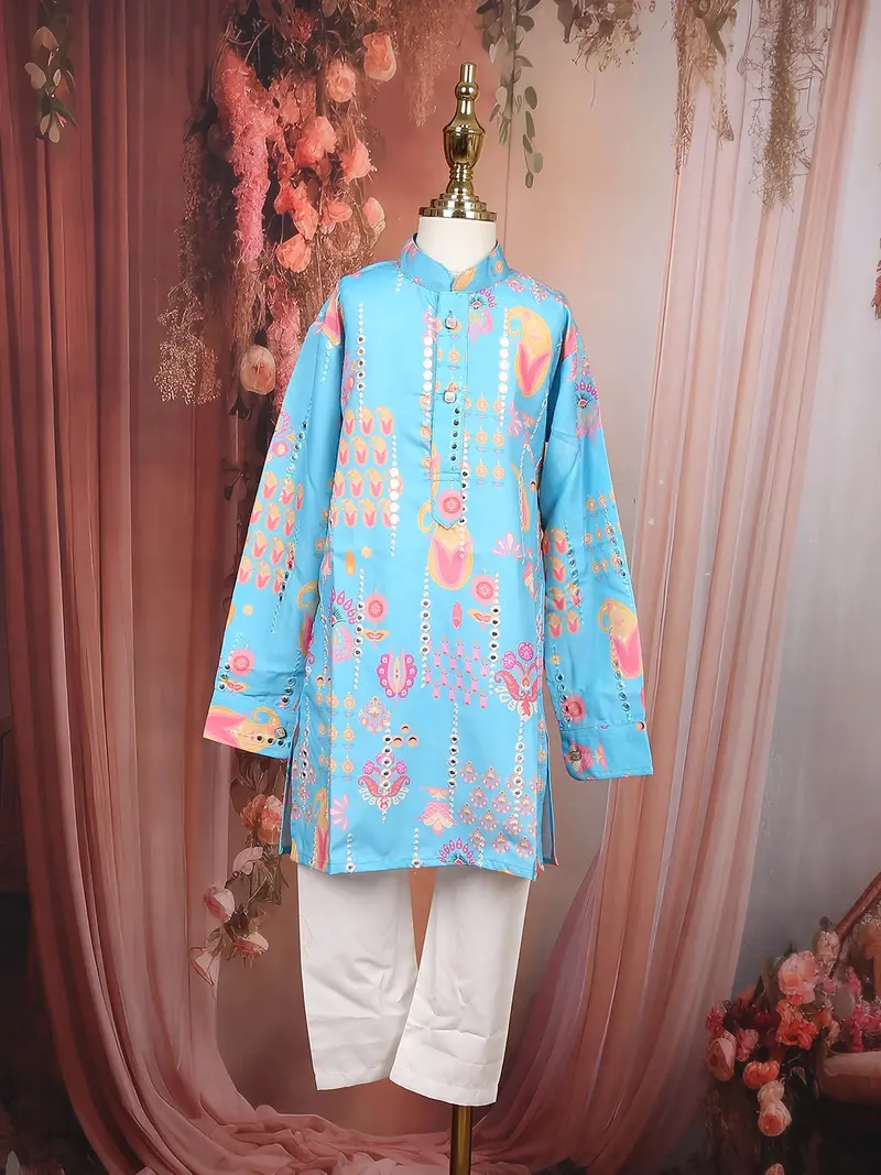 Sky Blue Floral Motif Printed Kids Cotton Kurta Set 2