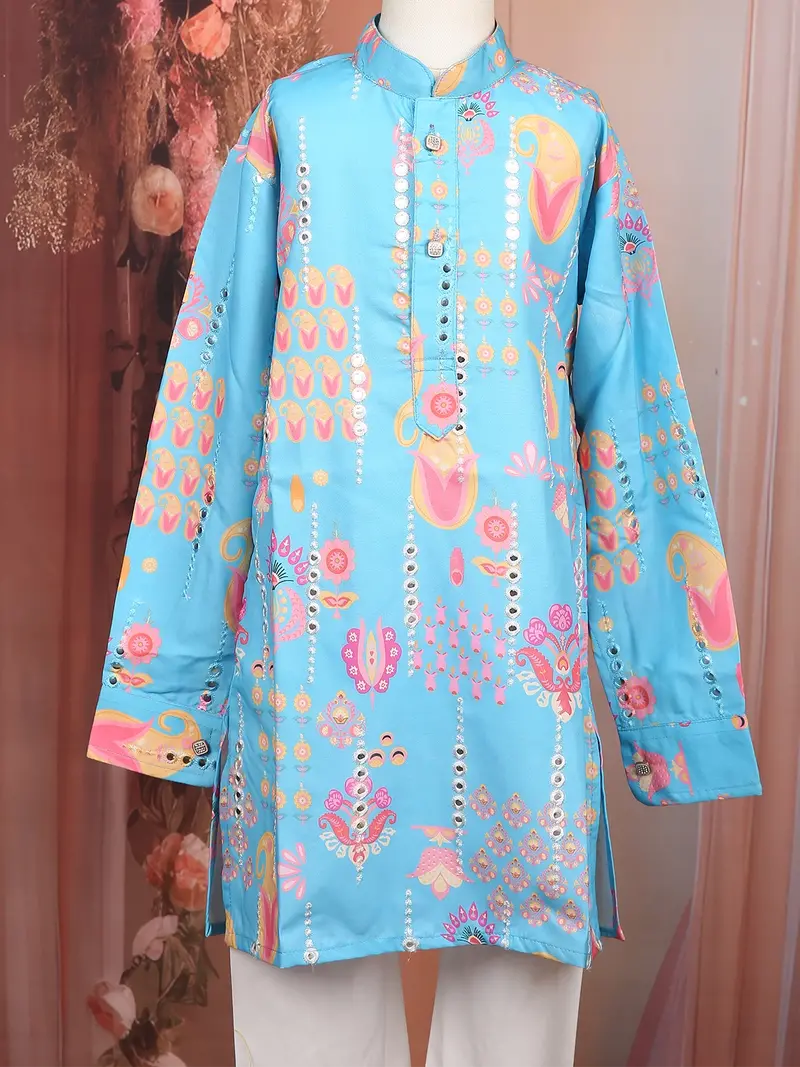 Sky Blue Floral Motif Printed Kids Cotton Kurta Set 3